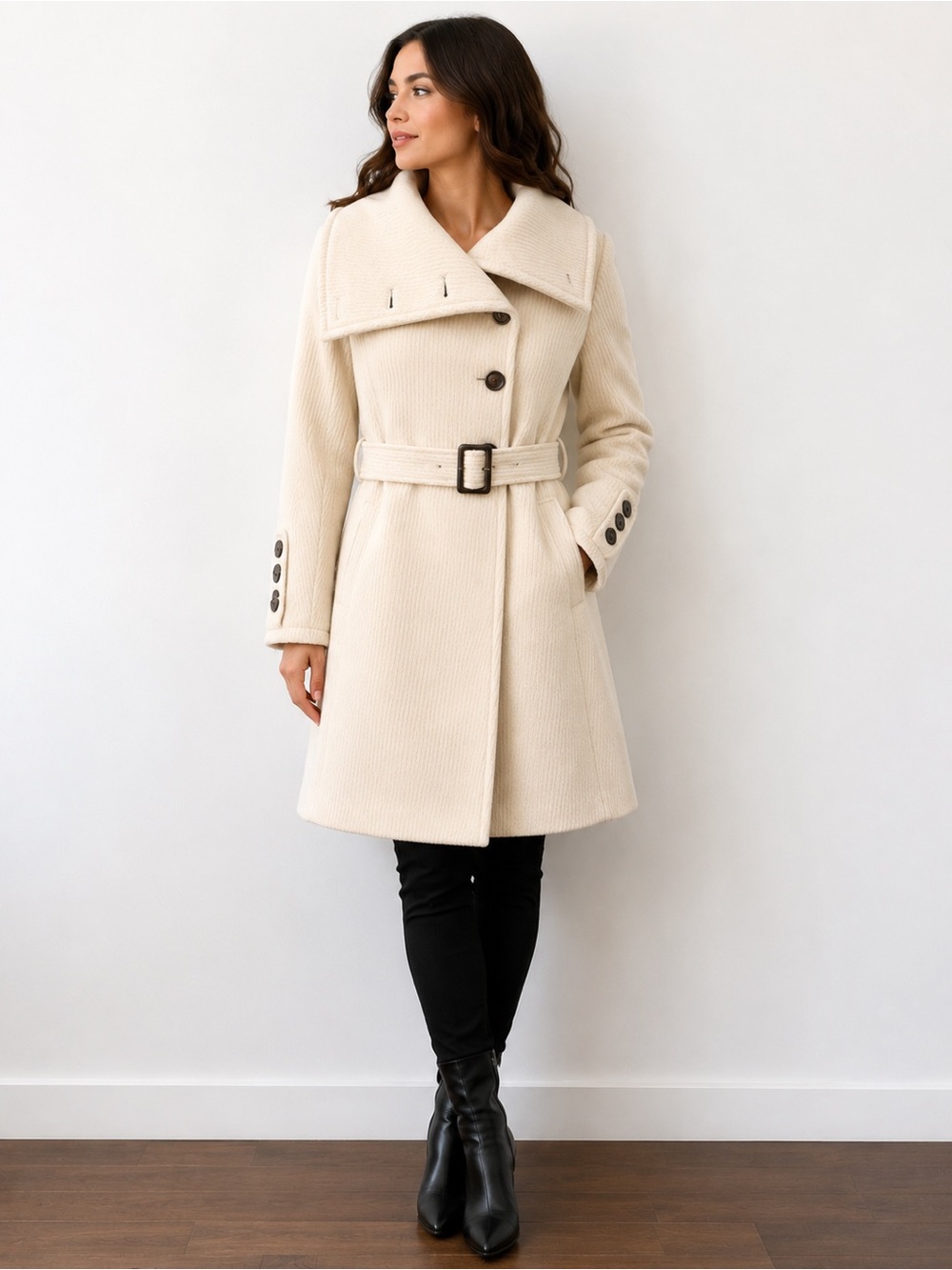 SOIA & KYO cream textured wool blend belted coat • Made in Canada Wool Size S